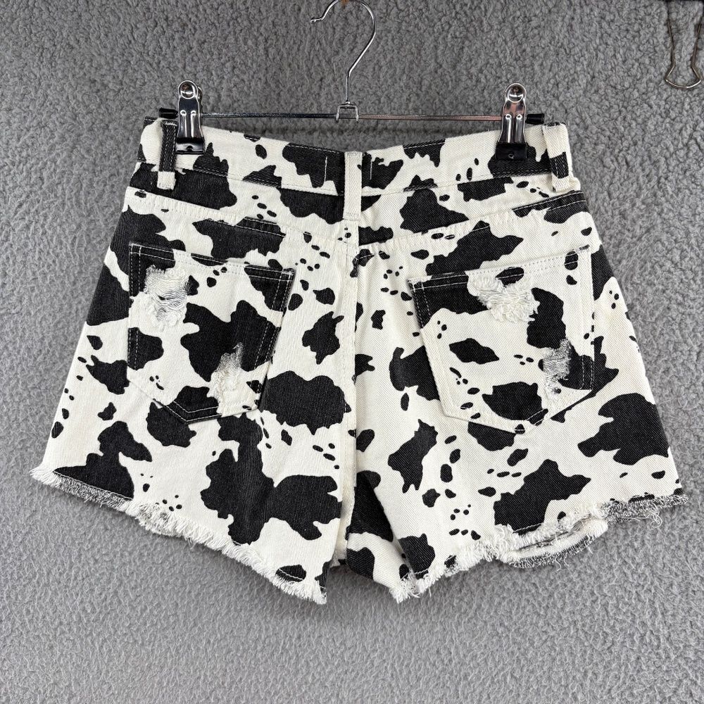 POL Cow Print Distressed High Rise Denim Shorts Women’s Small - Picture 3 of 11